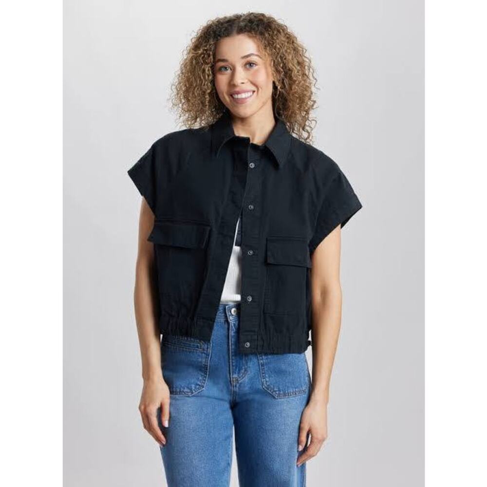 UNIONBAY Supplies Shawna Utility Cropped Short Sleeve Jacket - Black Medium NWT